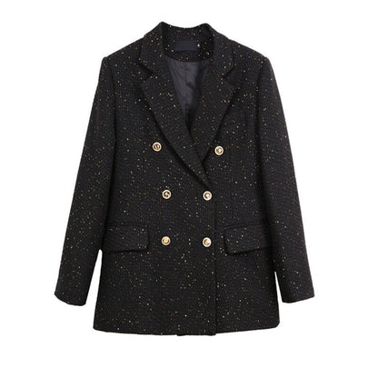 Schwarzer Damenblazer mit goldenen Knöpfen, elegantes Design, Businessmode.