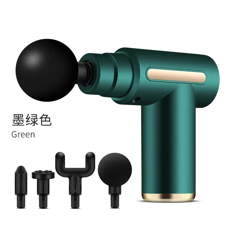 Grüne Massagepistole mit vier Aufsätzen, Muskelentspannung, tragbar, elektrisch.