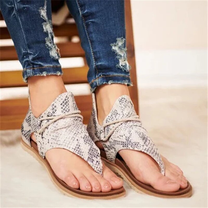 Damen Sandalen Schlangenmuster, lässig, beige, Sommermode, offene Zehen, bequem, flach
