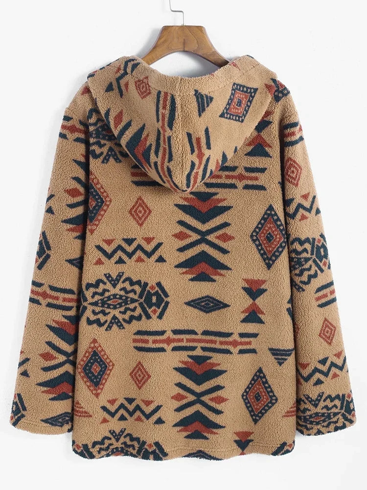 Damen Kapuzenjacke, beige, Aztekenmuster, Fleece, warm, modisch, Herbst-Winterbekleidung.