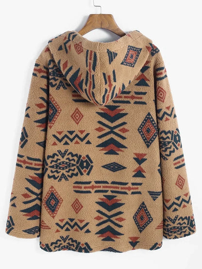 Damen Kapuzenjacke, beige, Aztekenmuster, Fleece, warm, modisch, Herbst-Winterbekleidung.