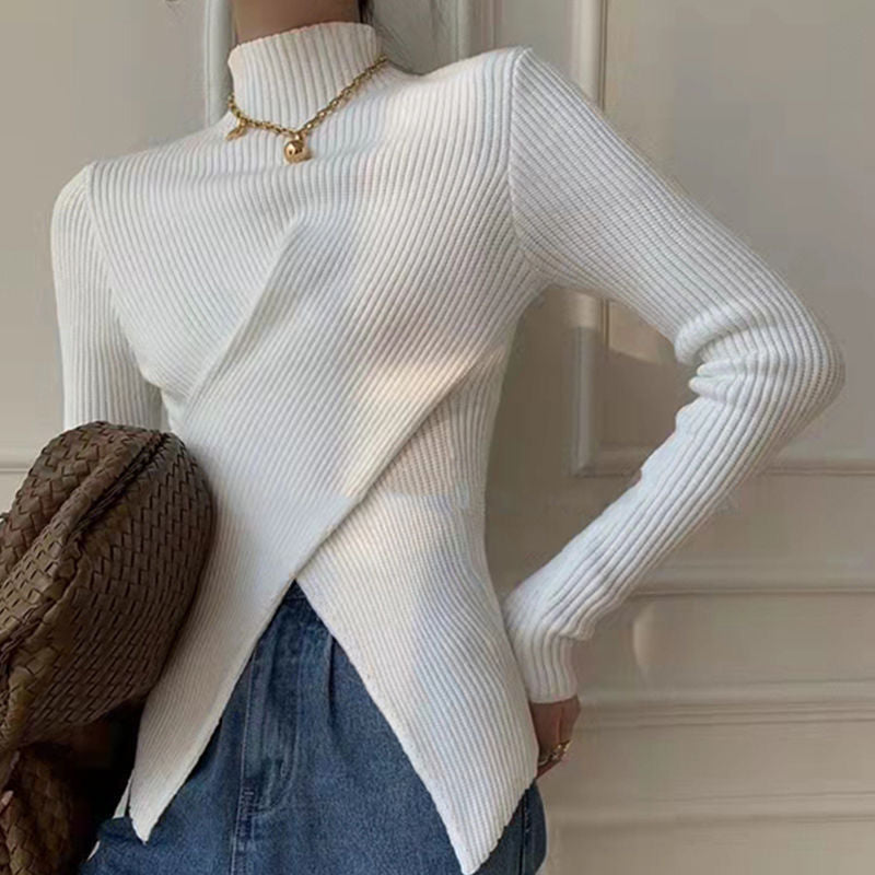 Damen Rollkragenpullover, weiß, gerippt, langärmelig, modisch, elegant, Herbstmode.