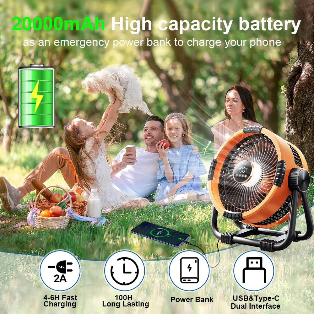 Campingfläkt med 20 000 mAh batteri, LED-ljus & fjärrkontroll – WindMate