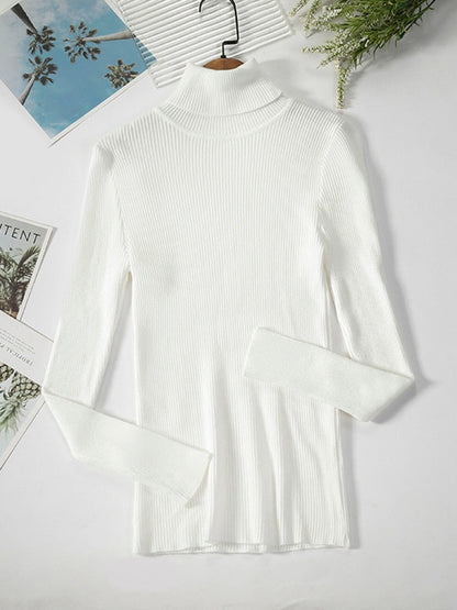 Weißer Rollkragenpullover Damen, gerippt, langärmelig, Baumwolle, elegant, modisch.