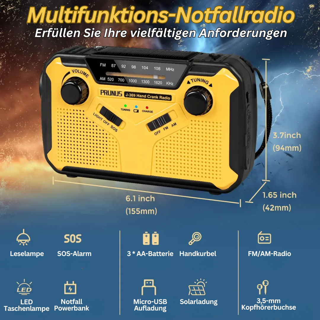 Gelbes Multifunktions-Notfallradio mit Handkurbel, LED-Taschenlampe, SOS-Alarm, FM/AM-Radio.