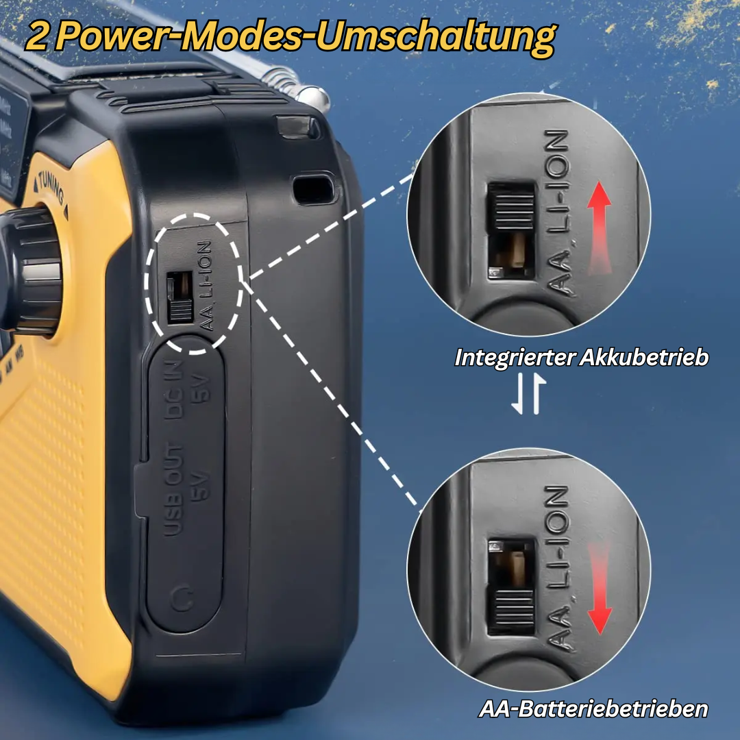 Tragbares Notfallradio, gelb-schwarz, mit Dual-Power-Modus, USB-Anschluss, AA-Batterien.
