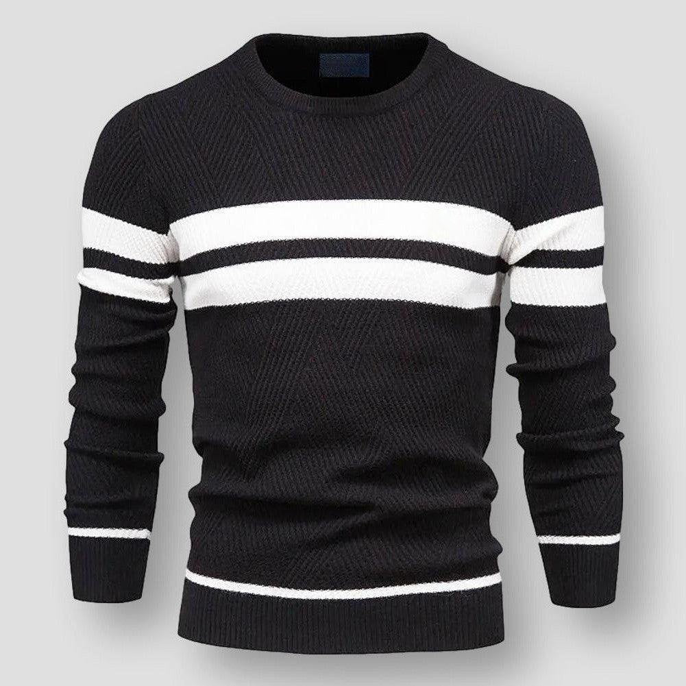 Schwarzer Strickpullover mit weißen Streifen, Herrenmode, gemütlich, Baumwolle.