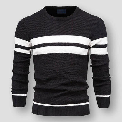 Schwarzer Strickpullover mit weißen Streifen, Herrenmode, gemütlich, Baumwolle.