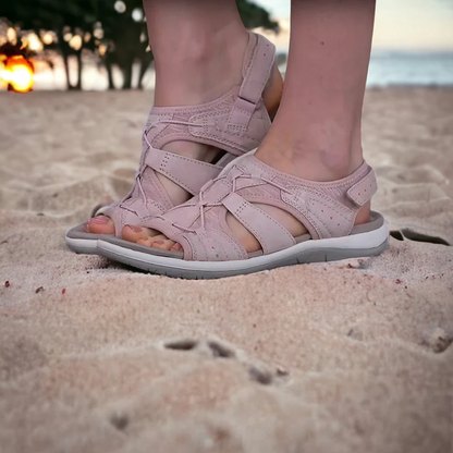 Damen Sandalen rosa, orthopädisch, bequem, Strand, Sommermode, Fußgesundheit, Freizeitkleidung.