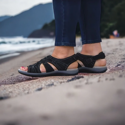 Orthopädische schwarze Sandalen für Damen, bequem, Strand, Sommermode, Naomi.
