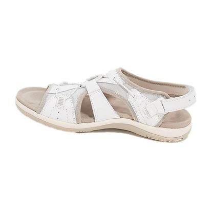 Weiße orthopädische Sandale, bequem, Damen, Leder, verstellbar, Naomi-Modell.