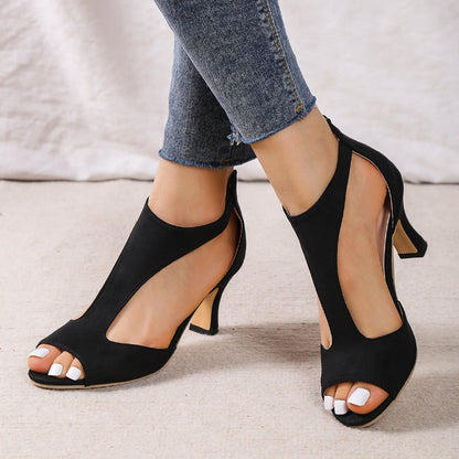 Damen Sandalen Sommer 2023, schwarz, Stiletto, runde Spitze, mittlerer Absatz, elegant.