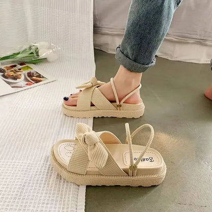 Beige Sandalen mit Schleife, Plateau, Damen, Sommer, modisch, bequem, Freizeit, 2023.