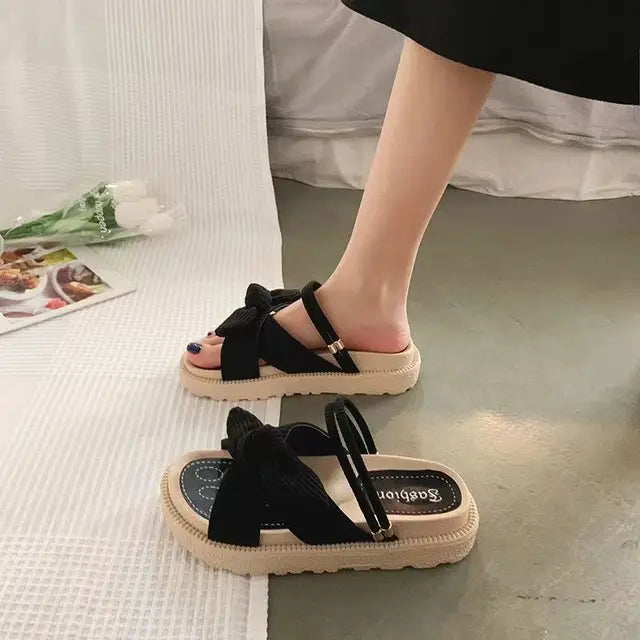 Schwarze Damen-Sandalen mit Plateau, Schleife, Sommermode 2023, bequem, elegant.