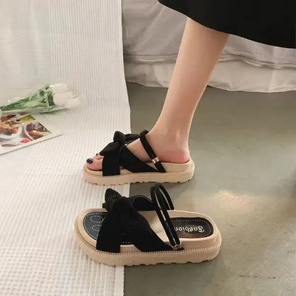 Schwarze Damen-Sandalen mit Plateau, Schleife, Sommermode 2023, bequem, elegant.