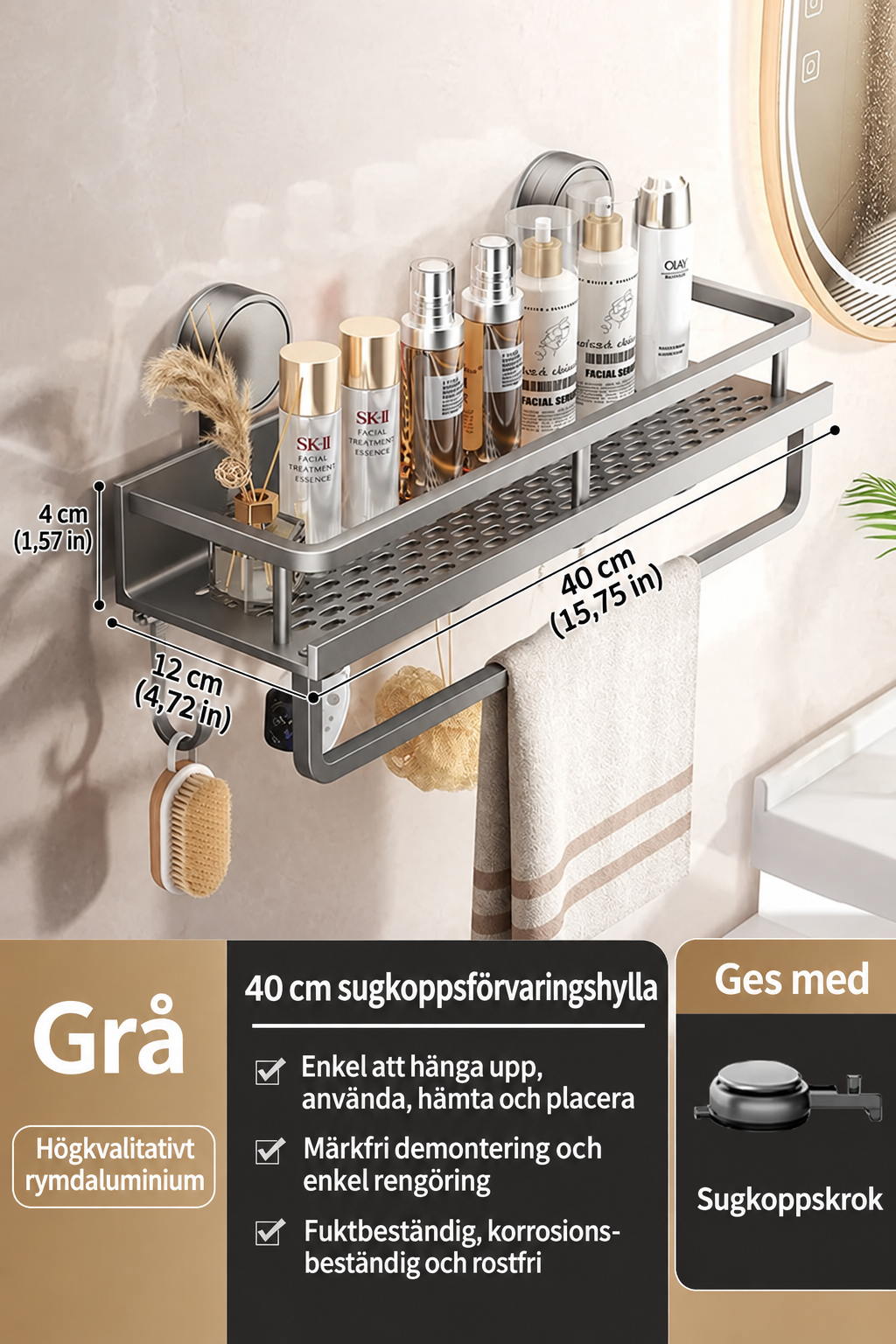 Badrumshylla med sugpropp | Borrfri | Avrinningsställ