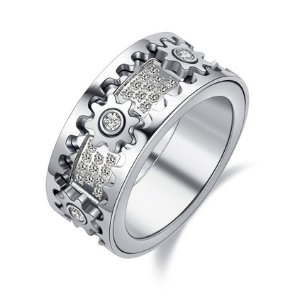 Silberner Edelstahlring mit Zahnrad-Design und Zirkonia-Steinen, Herrenmode-Schmuck.