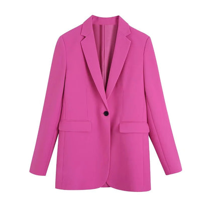 Rosa Damenblazer, einreihig, elegantes Design, modische Damenbekleidung, Büro-Outfit.