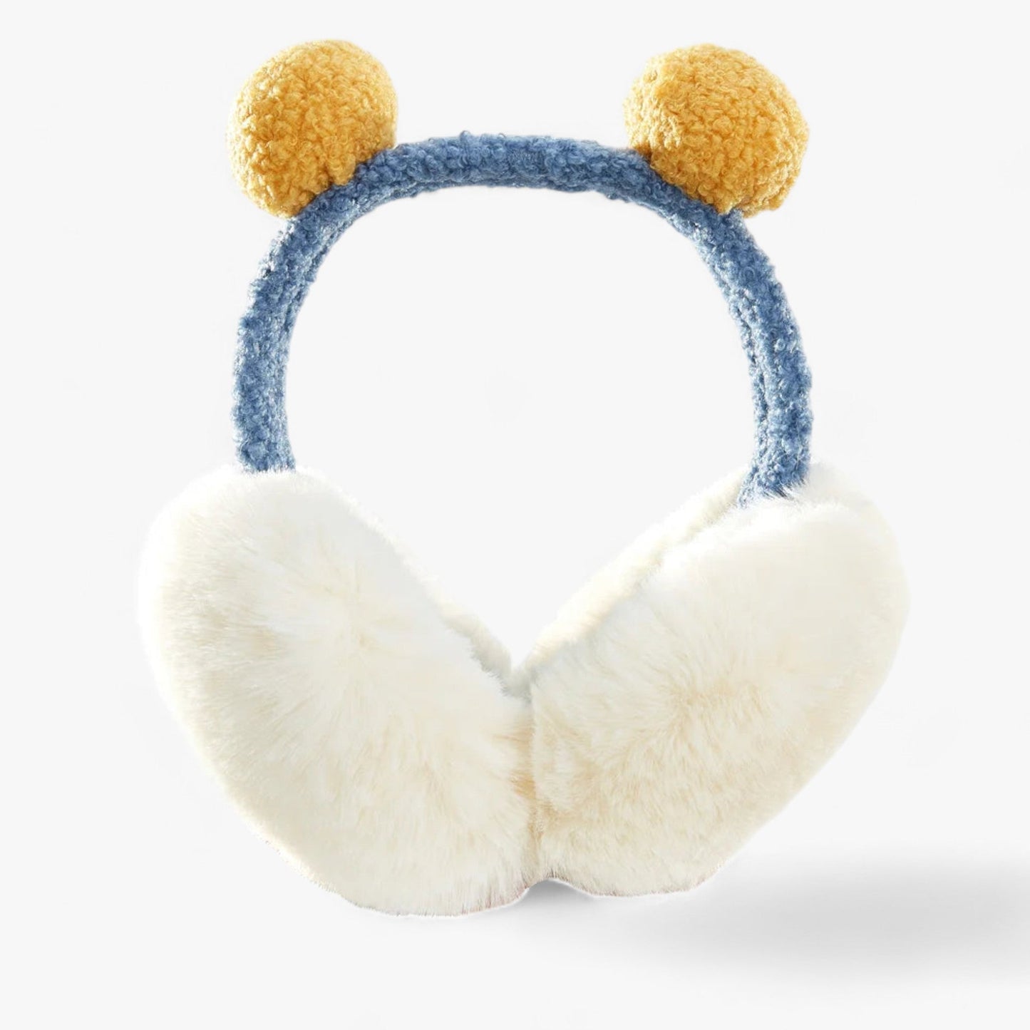 Plüsch-Ohrenschützer mit gelben Bommeln, blauem Bügel, warm, modisch, Winteraccessoire.