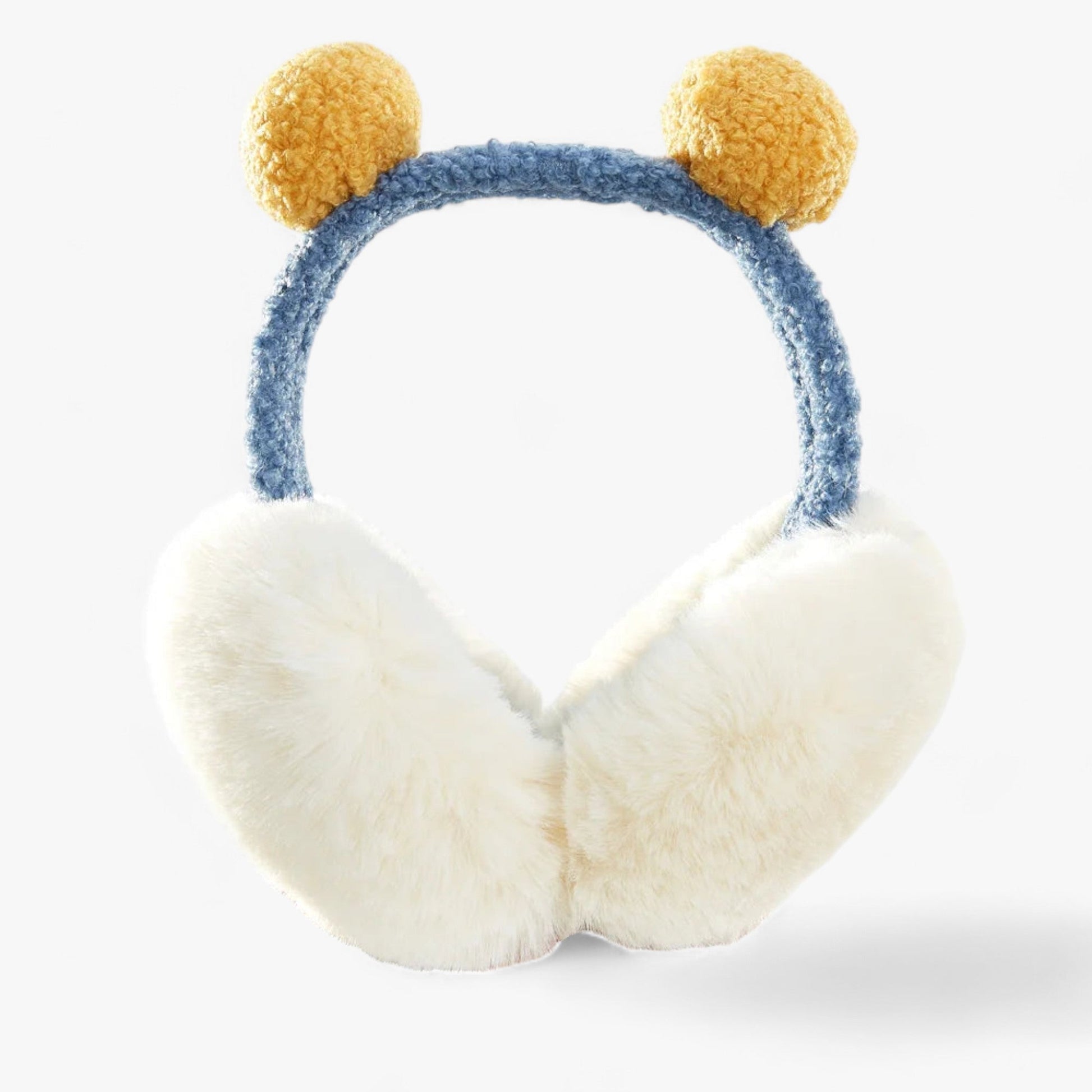 Plüsch-Ohrenschützer mit gelben Bommeln, blauem Bügel, warm, modisch, Winteraccessoire.