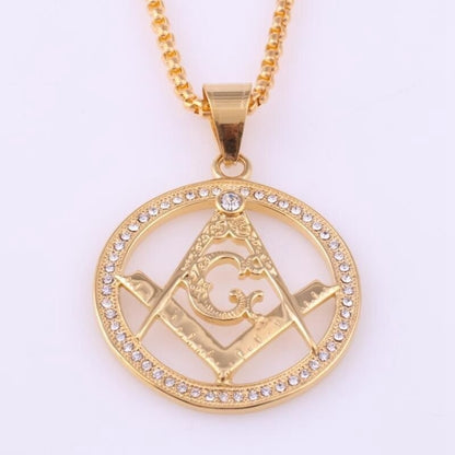 Goldener Freimaurer-Anhänger mit Zirkonia, rund, Kette, Schmuck, Herren, Damen, Geschenk.