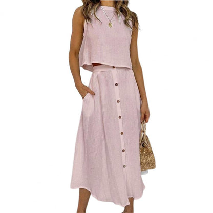 Damen Sommerkleid Set, ärmellos, rosa, Leinen, Knopfleiste, lässig, Strandmode.