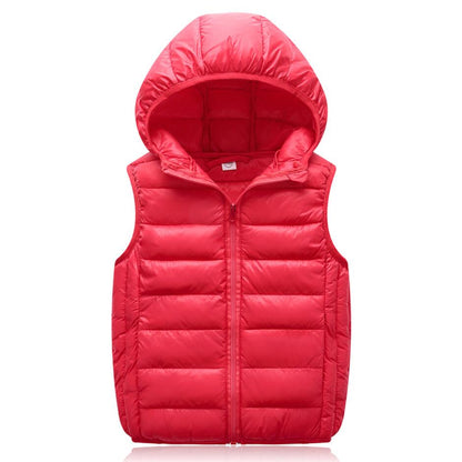 Rote Daunenweste mit Kapuze, ärmellos, Reißverschluss, Wintermode, Unisex, warm.