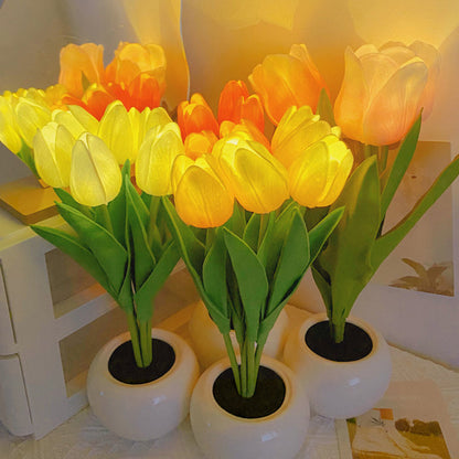 Künstliche Tulpen im Topf, gelb-orange, LED-Beleuchtung, Dekoration, Wohnzimmer, Geschenkidee.