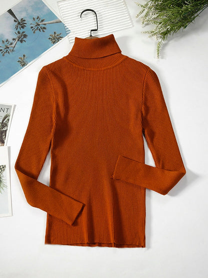 Orangefarbener Rollkragenpullover aus Strick, langärmelig, Damenmode, Herbstbekleidung.