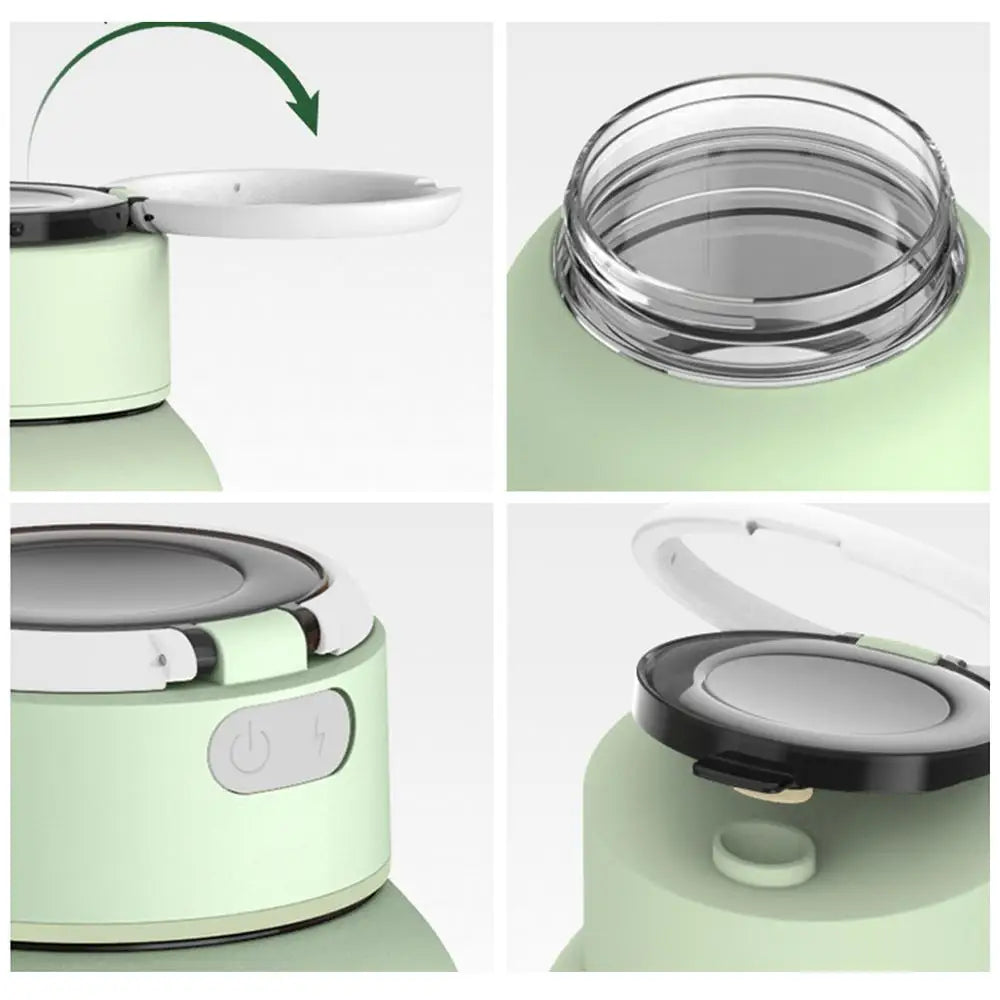 Grüner tragbarer Mixer, USB-aufladbar, mit abnehmbarem Deckel und Edelstahlklingen.