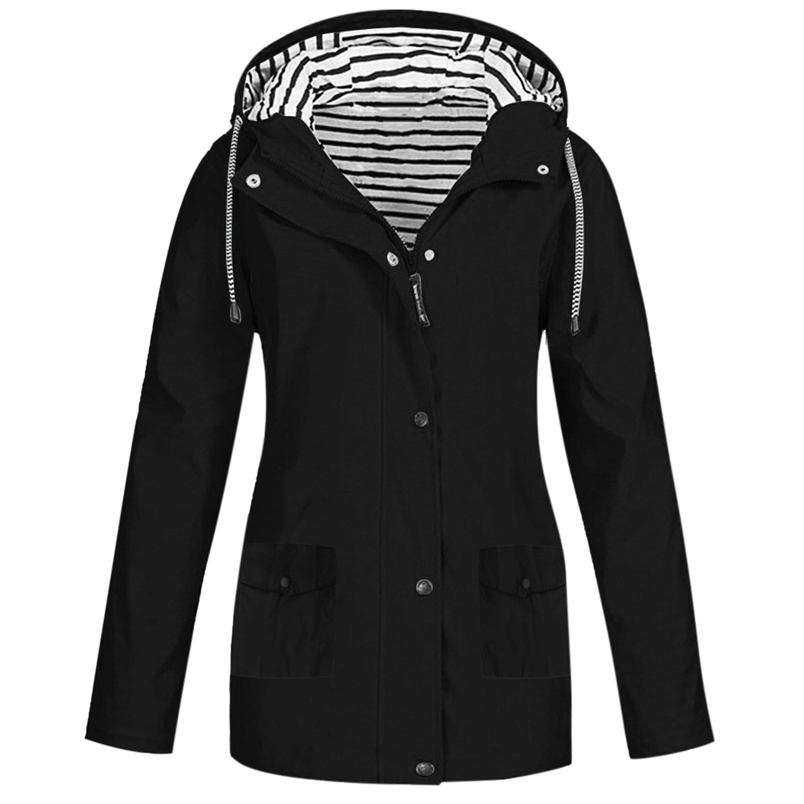 Schwarze Damenjacke mit Kapuze, gestreiftes Innenfutter, Reißverschluss, Taschen, Outdoor-Bekleidung.