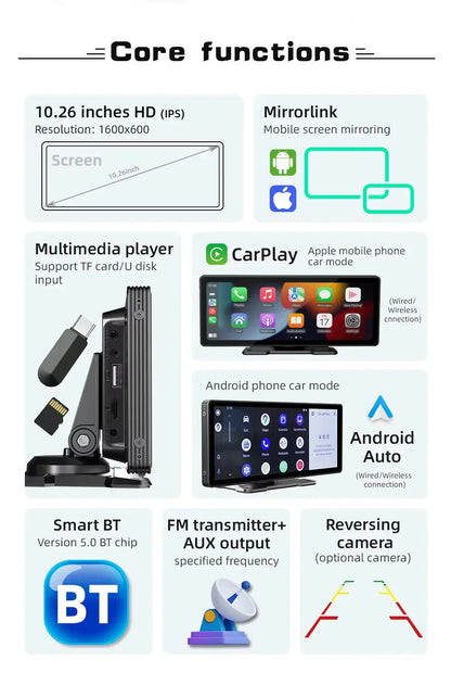 Universell 10,26-tums (26,06 cm) multimediaspelare för bil med trådlöst CarPlay och Android Auto