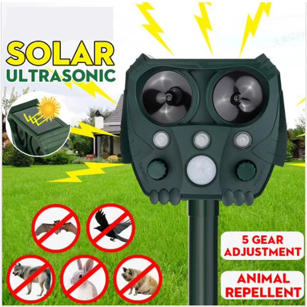 Solcellsdriven ultraljudsavskräckare för djur med PIR-sensor och blinkande ljus – GuardPet