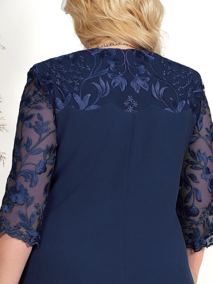 Dunkelblaues Kleid mit floraler Spitze, dreiviertel Ärmel, elegantes Design, Damenmode.