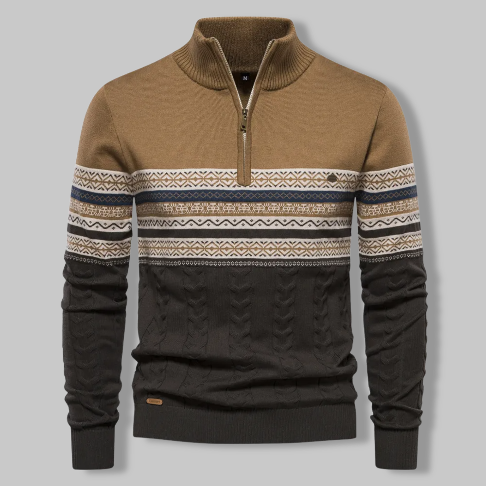 Herrenpullover mit Reißverschluss, braun-schwarz, Strickmuster, Wintermode, Baumwolle.