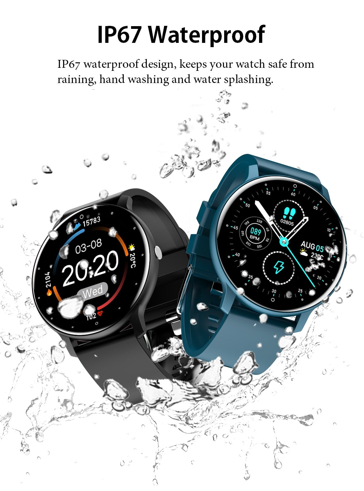 Zwei wasserdichte Smartwatches IP67, schwarz und blau, mit digitalen Zifferblättern, spritzwassergeschützt.