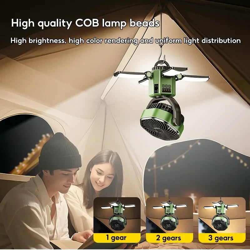 Solcellsdriven campingfläkt med 6000 mAh-batteri, LED-lampa och 4 hastighetsinställningar – SunBreeze