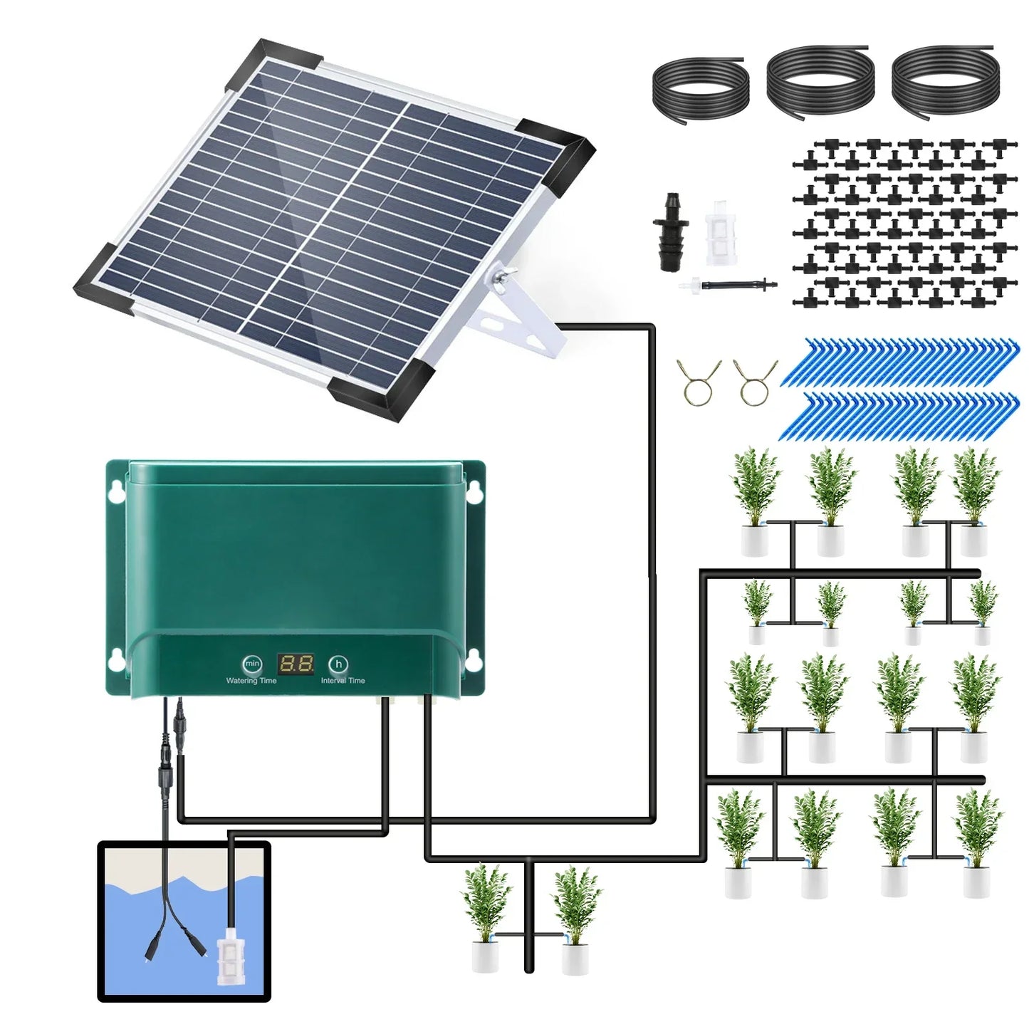 Solcellsdroppbevattningskit – automatisk bevattning med 30 lägen och 7 timers – AquaFlow