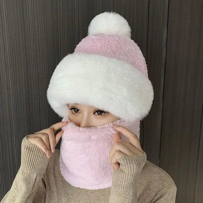 Damen Wintermütze rosa, flauschig, mit weißem Kunstfell, warm, modisch, Gesichtsschutz.