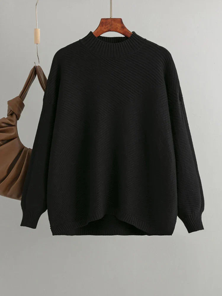 Schwarzer Strickpullover Damen, Rundhals, langärmelig, Herbstmode, gemütlich, elegant.