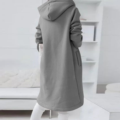 Damen Kapuzenmantel grau, lang, warm, Wintermode, lässig, Taschen, gemütlich, stilvoll.