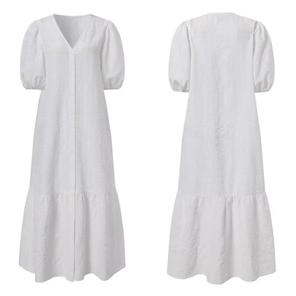 Weißes Damenkleid mit Puffärmeln, V-Ausschnitt, Knopfleiste, Sommermode, Baumwolle.