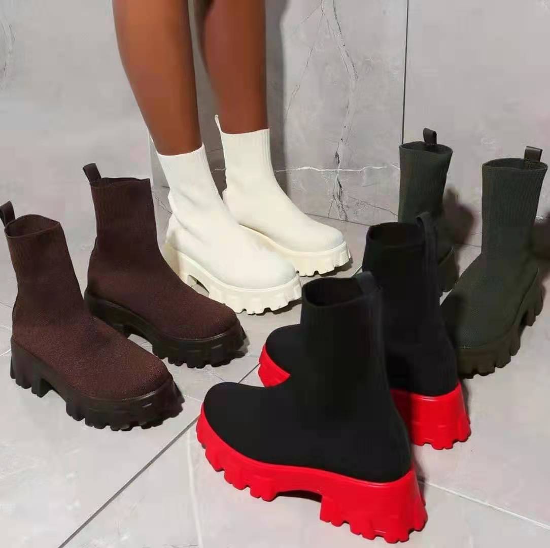 Damen Stiefeletten, schwarz-rot, weiß, braun, klobige Sohle, modisch, Herbst/Winter Schuhe.