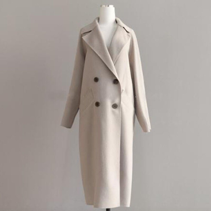 Beiger Damen-Wollmantel, lang, doppelreihig, elegantes Design, Herbstmode, warm.