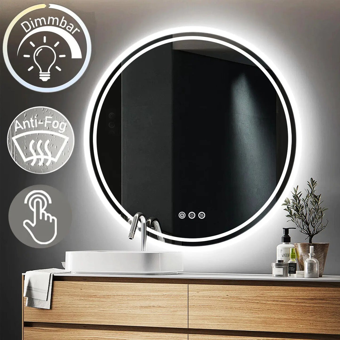 Runder LED-Badezimmerspiegel, dimmbar, anti-beschlag, Touch-Bedienung, modernes Design.