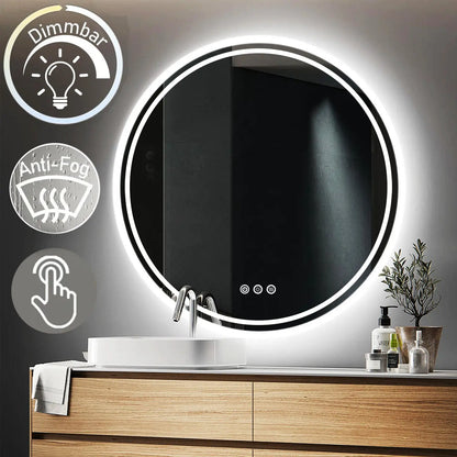 Runder LED-Badezimmerspiegel, dimmbar, anti-beschlag, Touch-Bedienung, modernes Design.