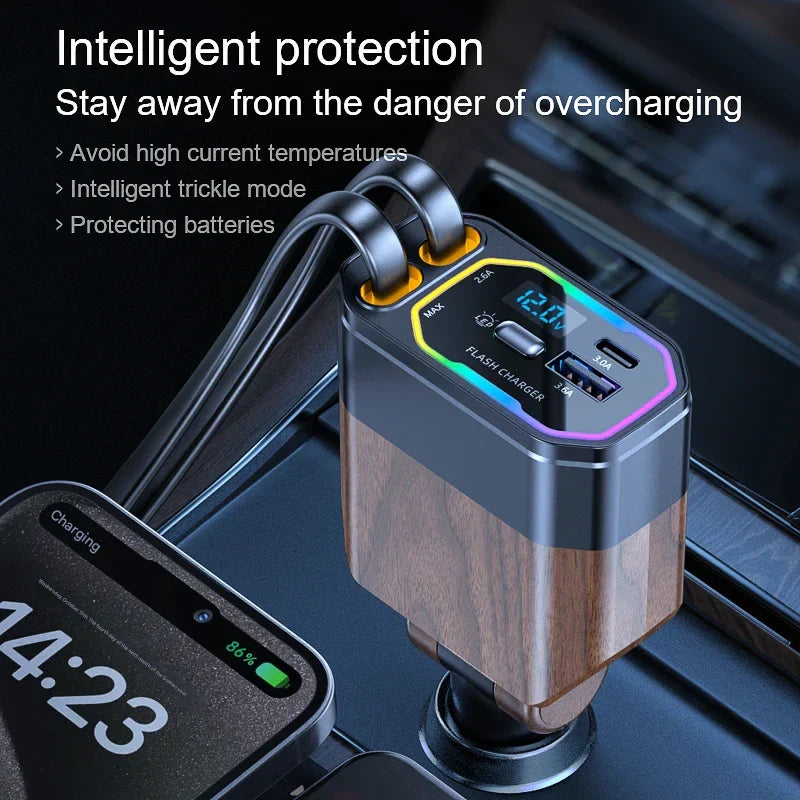 120W 4-i-1 utbyggbar billaddare med USB-C- och cigarettändaradapter – Vega