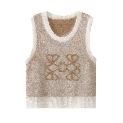 Beige stickad damtröja med vintage-jacquardmönster – Mireille
