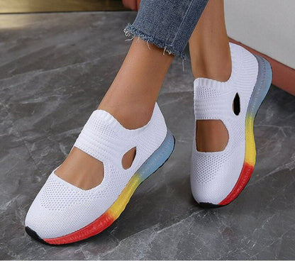 Weiße Damen-Sneaker mit bunten Sohlen, atmungsaktiv, bequem, modisch, Freizeit.