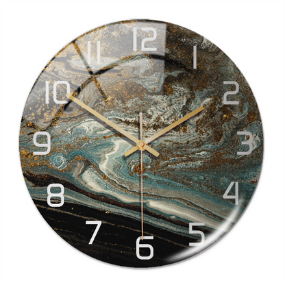 Runde Wanduhr mit Marmor-Design, goldene Zeiger, moderne Dekoration, Wohnzimmer-Uhr.